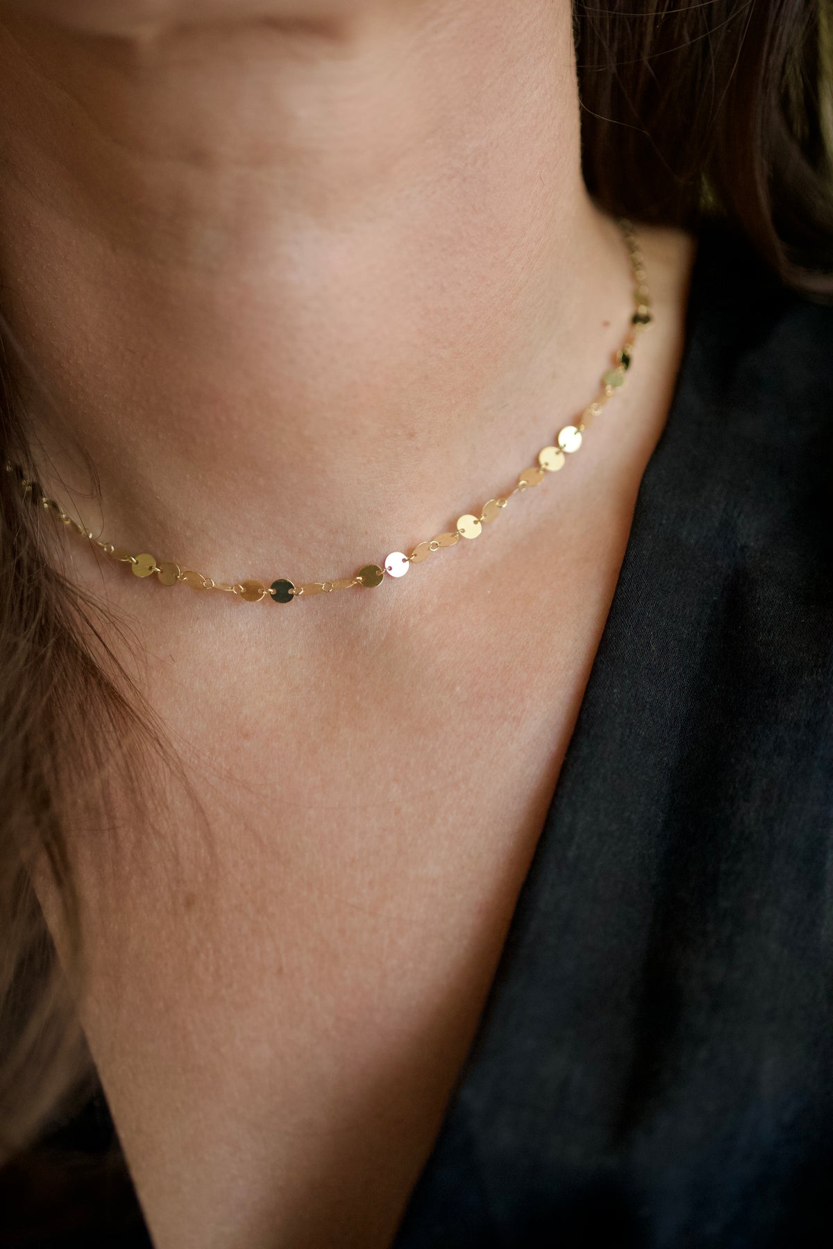 14K Solid Yellow Gold Disc Chain Necklace, 17 Inch
