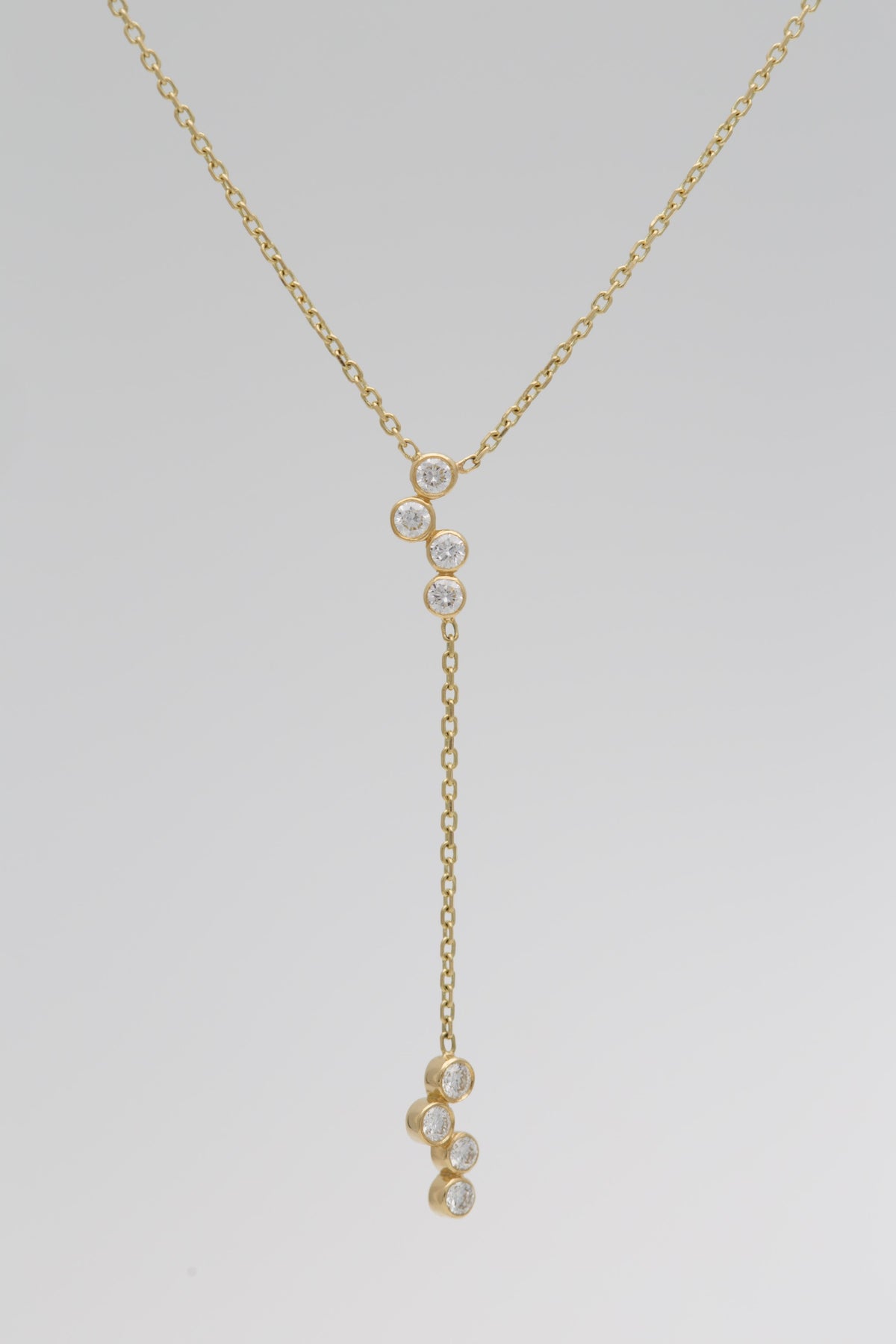 18K Y necklace with bezel set lab diamond clusters, handcrafted in solid gold | Yasmin Nabulsi Fine Jewelry
