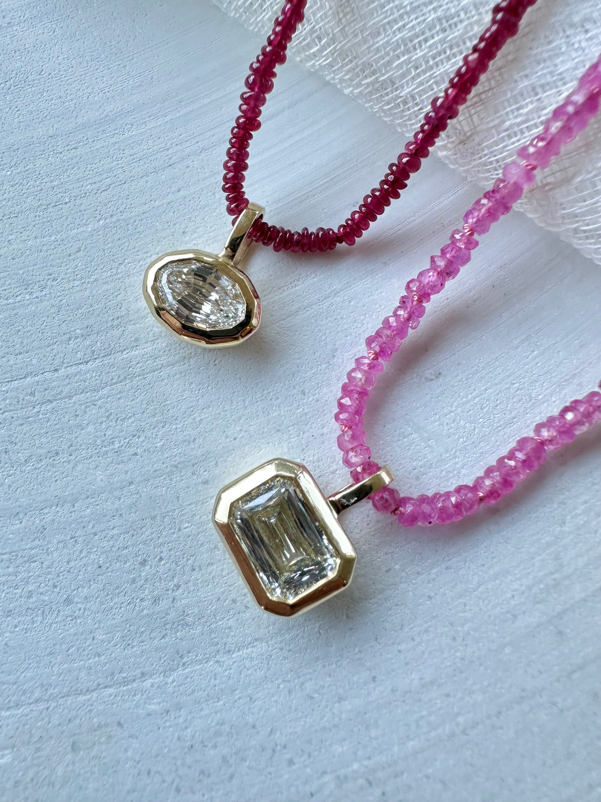 Pink sapphire beaded necklace, 18 inch length, with 18K solid gold spring clasp