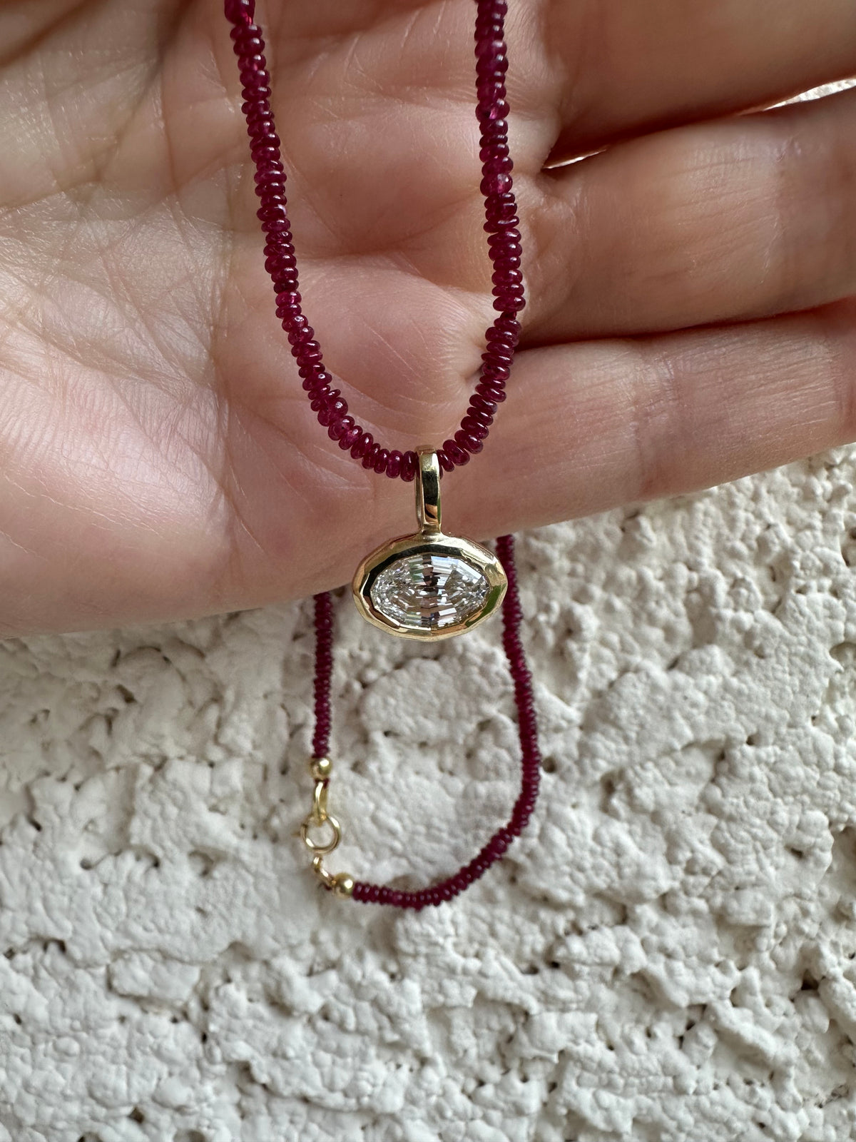 Tiny ruby beaded necklace, 16.5 inch length, with a knot after every 10 beads