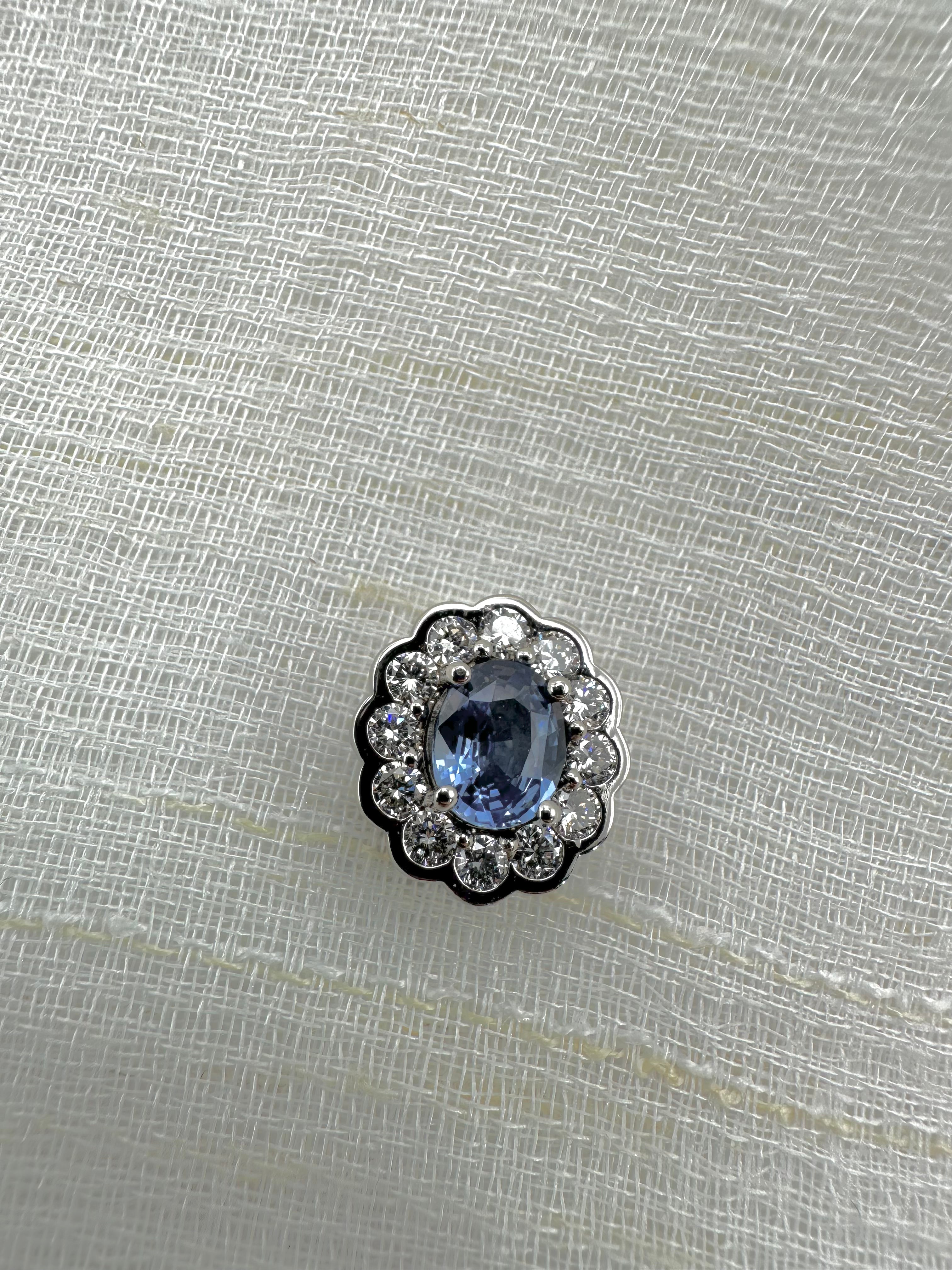 14K white gold sapphire halo pendant with lab diamonds and a slide through design | Yasmin Nabulsi Fine Jewelry