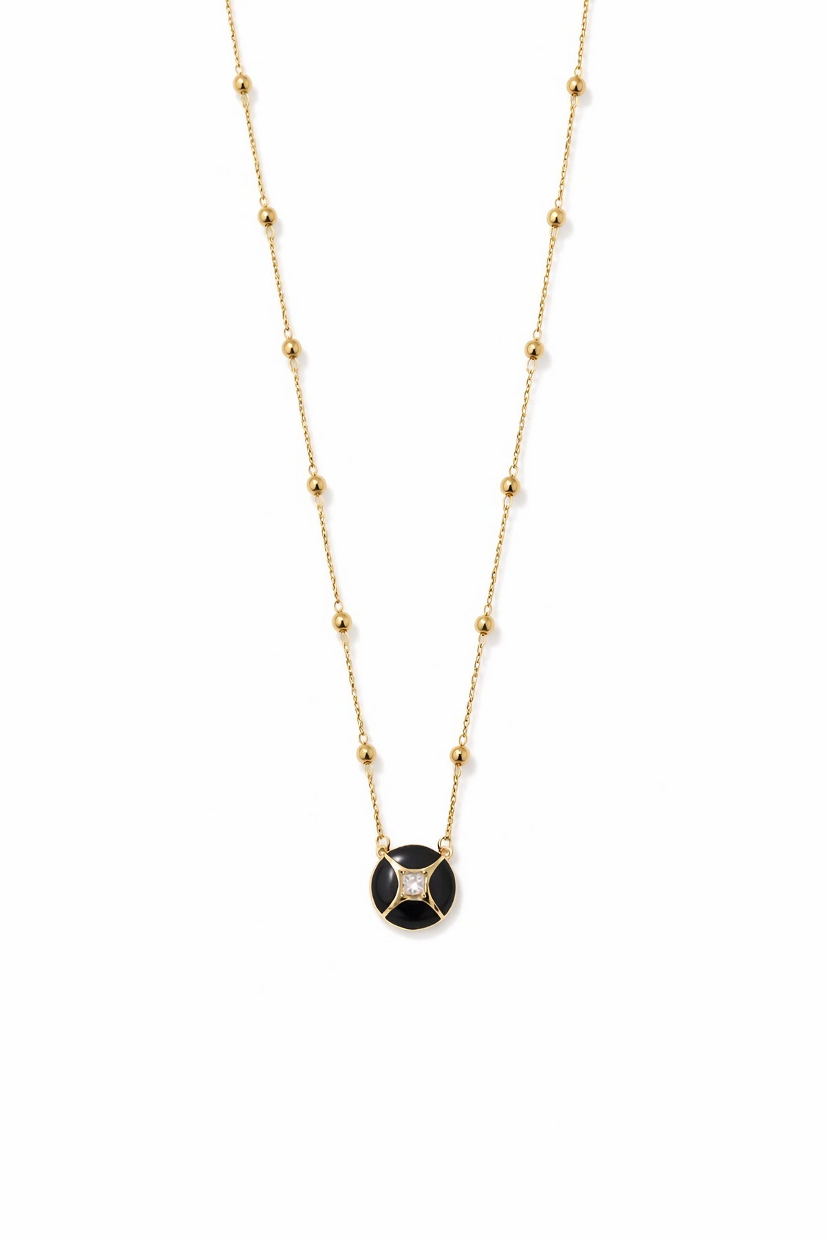 Hand-wrapped 2.5mm gold bead chain on an 18K gold necklace, third view