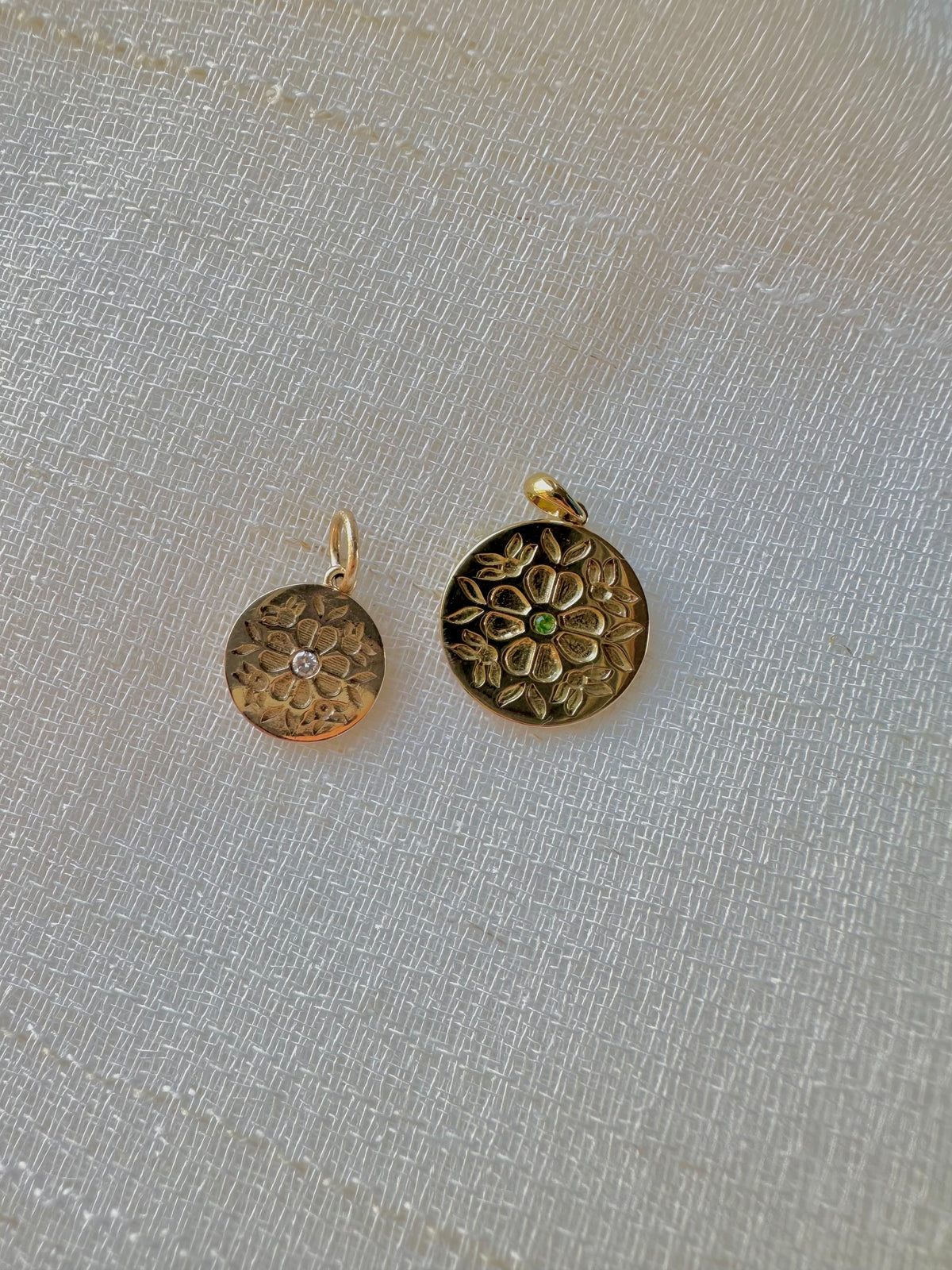 Tatreez gold coin pendant that pairs with a gold ball chain