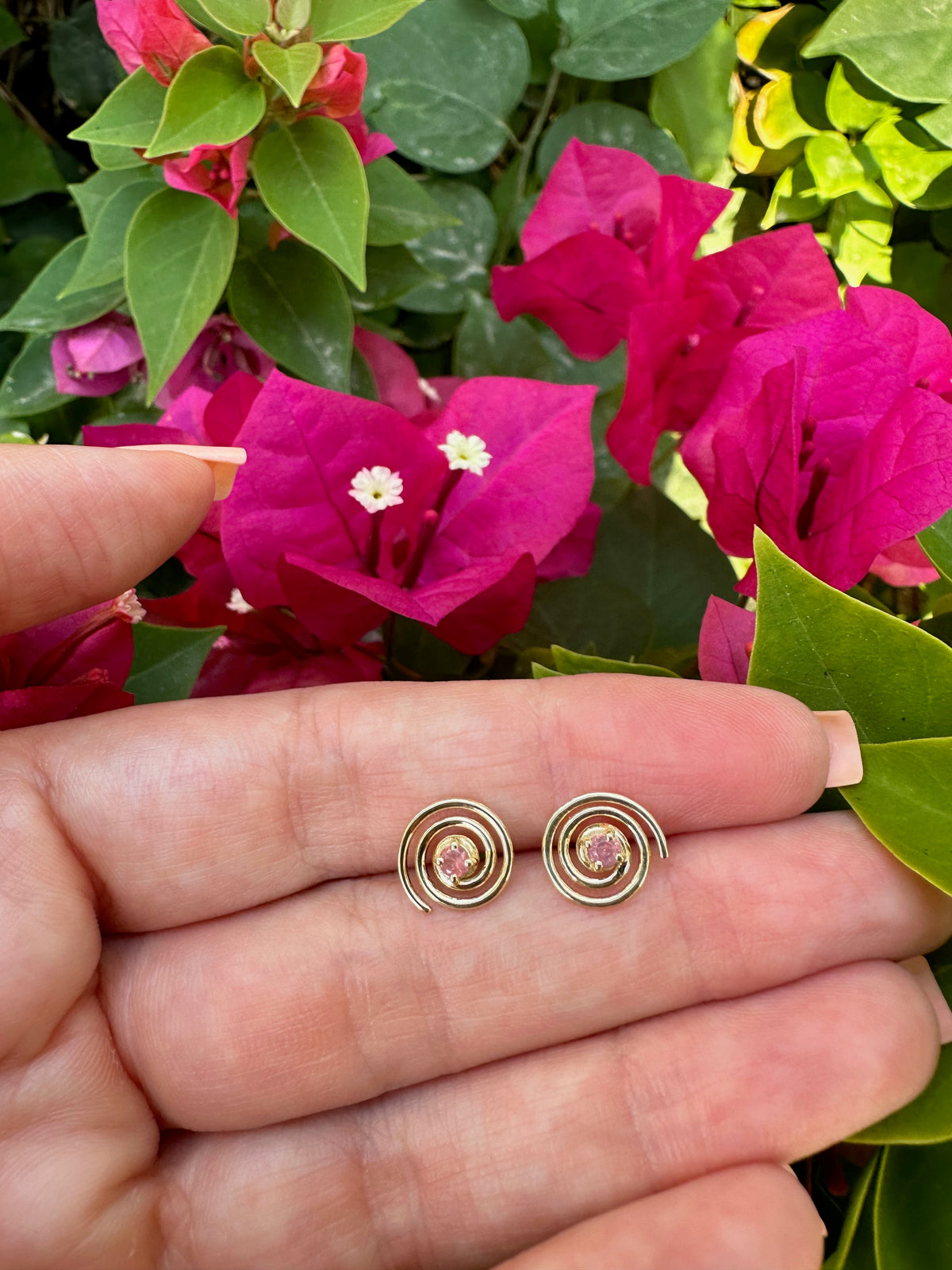 Pink sapphire spiral studs in 18K yellow gold