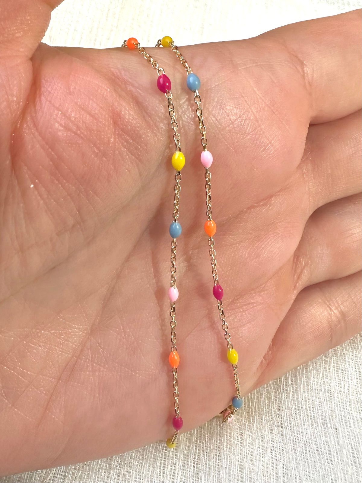 18K solid gold enamel bead station necklace in turquoise, adjustable length
