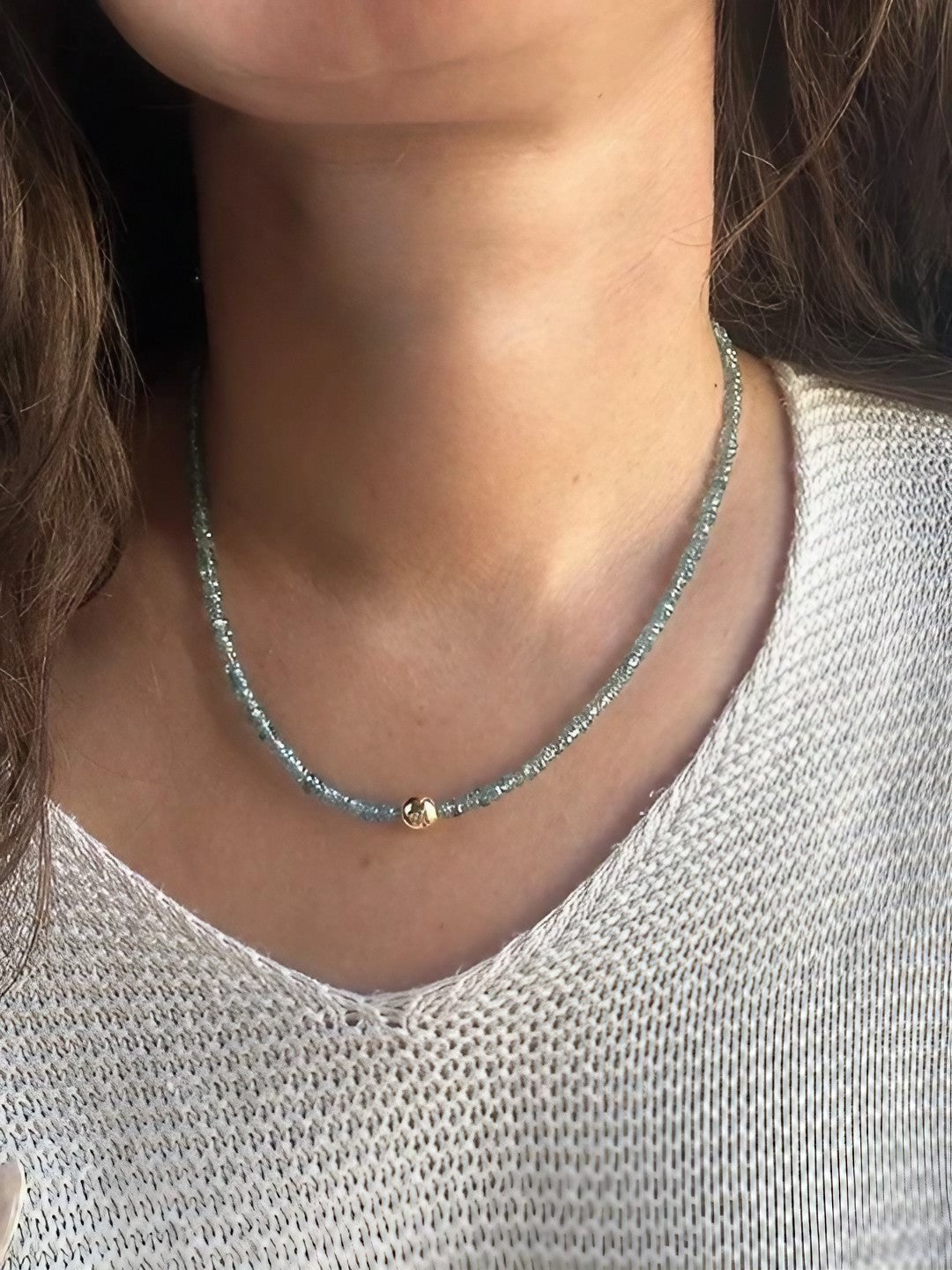 Blue zircon beaded necklace with 14K gold findings, second view