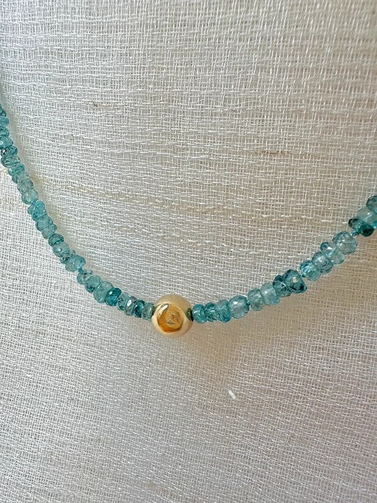 Blue zircon necklace with solid gold findings in a 17 inch length