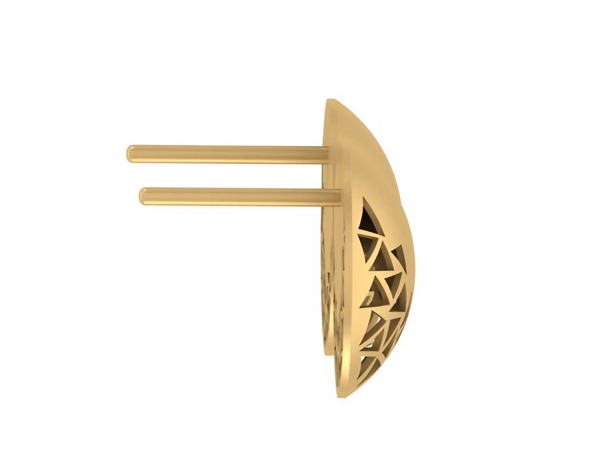 Polished 18K gold button stud earrings with geometric cutouts and a flat back