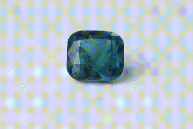 Indicolite tourmaline cushion cut, 360 degree view of the gemstone