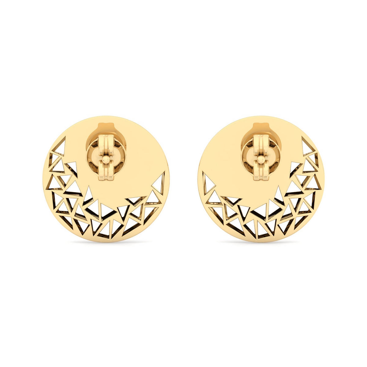 Gold button stud earrings with geometric cutouts, made of 18K solid gold