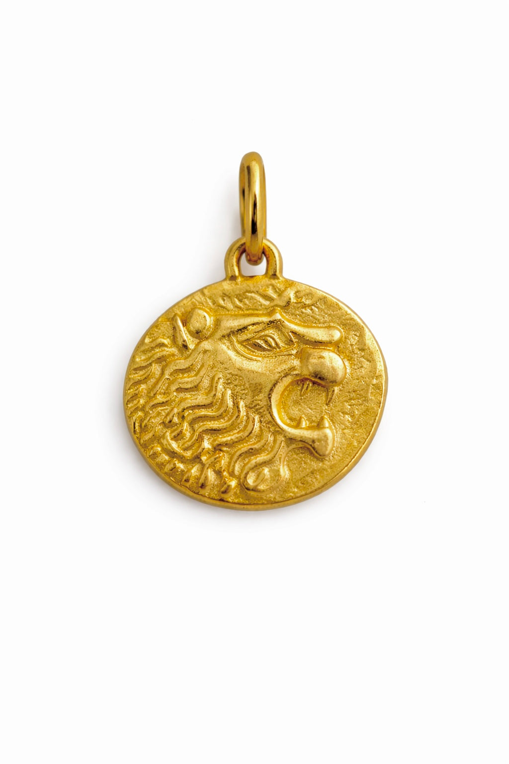 Brushed gold lion coin pendant with an organic, imperfect coin shape