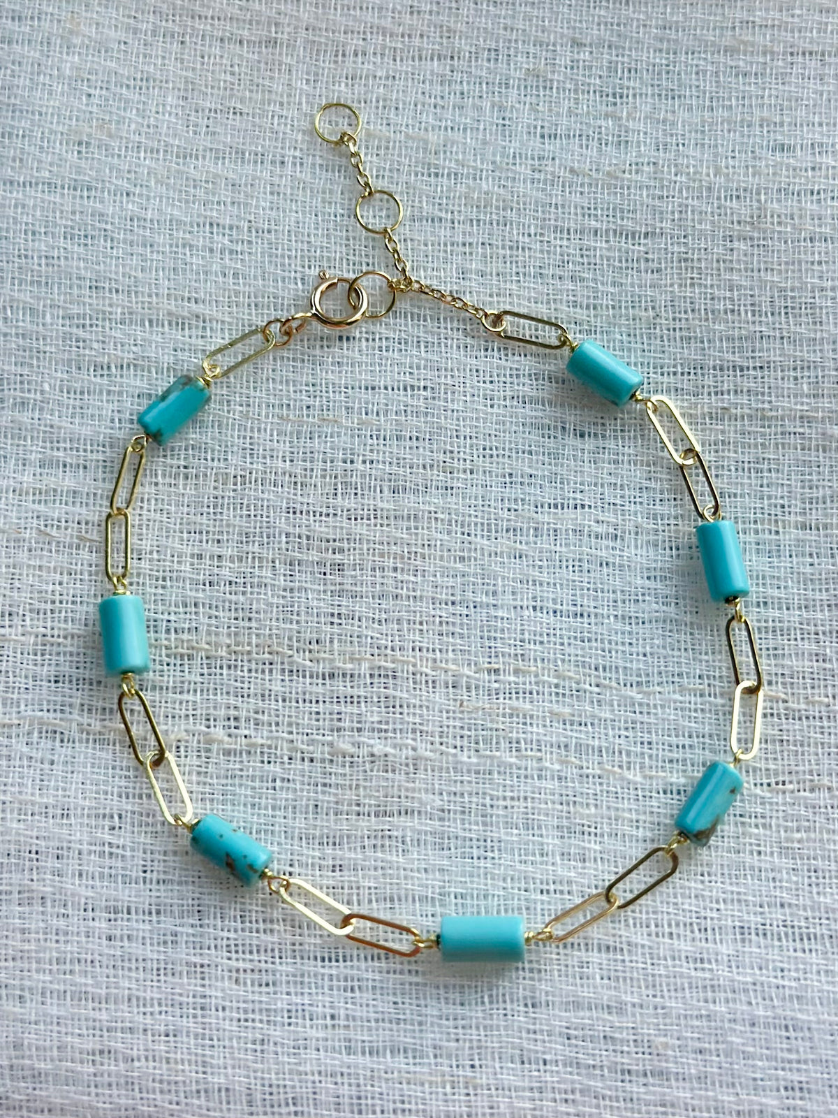 Paperclip bracelet with turquoise tube beads, second view