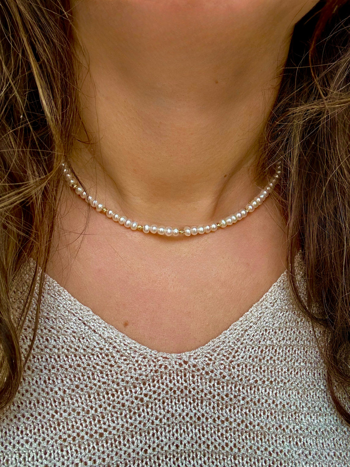 Freshwater pearl necklace with gold beads and a 2 inch chain extender