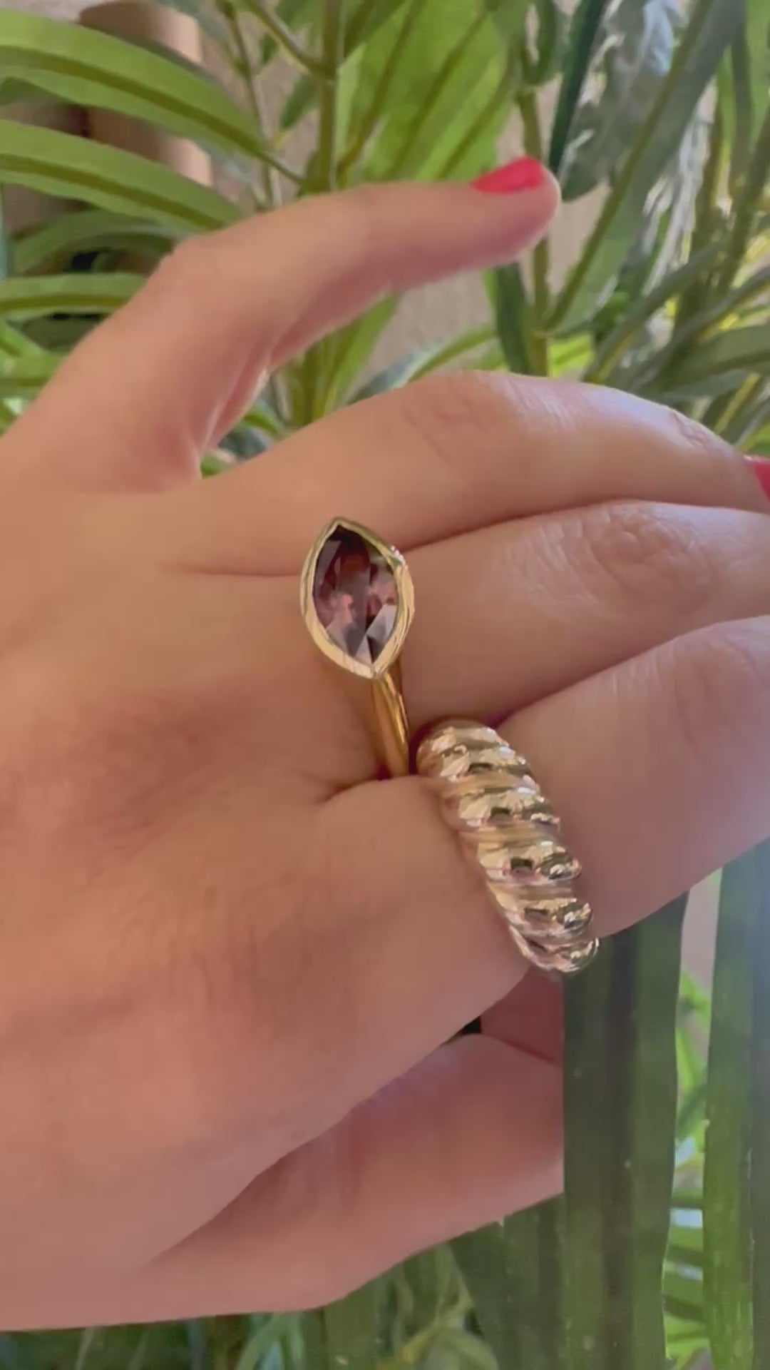 18K Gold Signet Ring boosting a 4ct natural Brownish Pink Zircon marquise cut stone | Ella Creations Jewelry