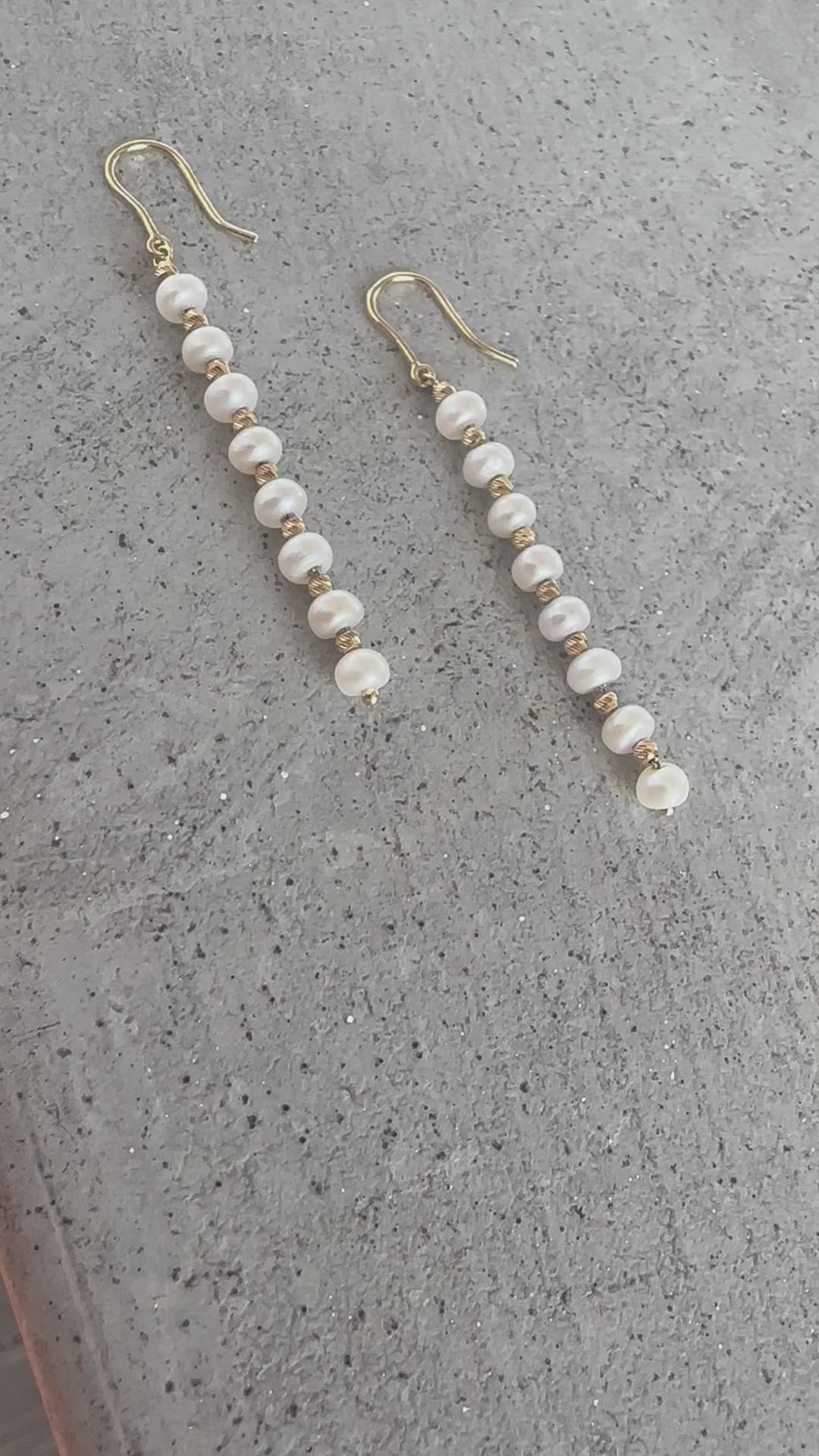 Long pearl earrings with gold beads and fresh water pearls handcrafted in 18 karat gold | Ella Creations Jewelry