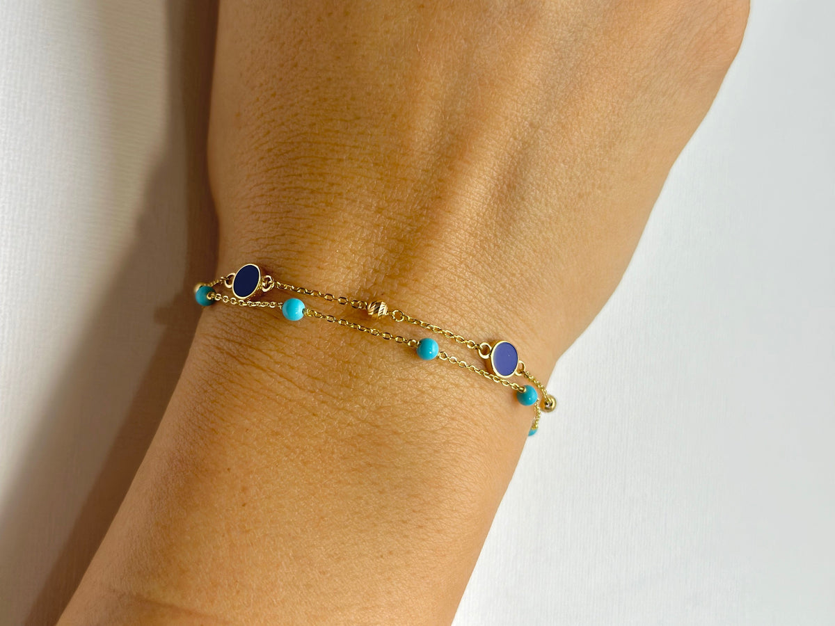 Circles and beads bracelet in 18K gold with adjustable extension rings, second view