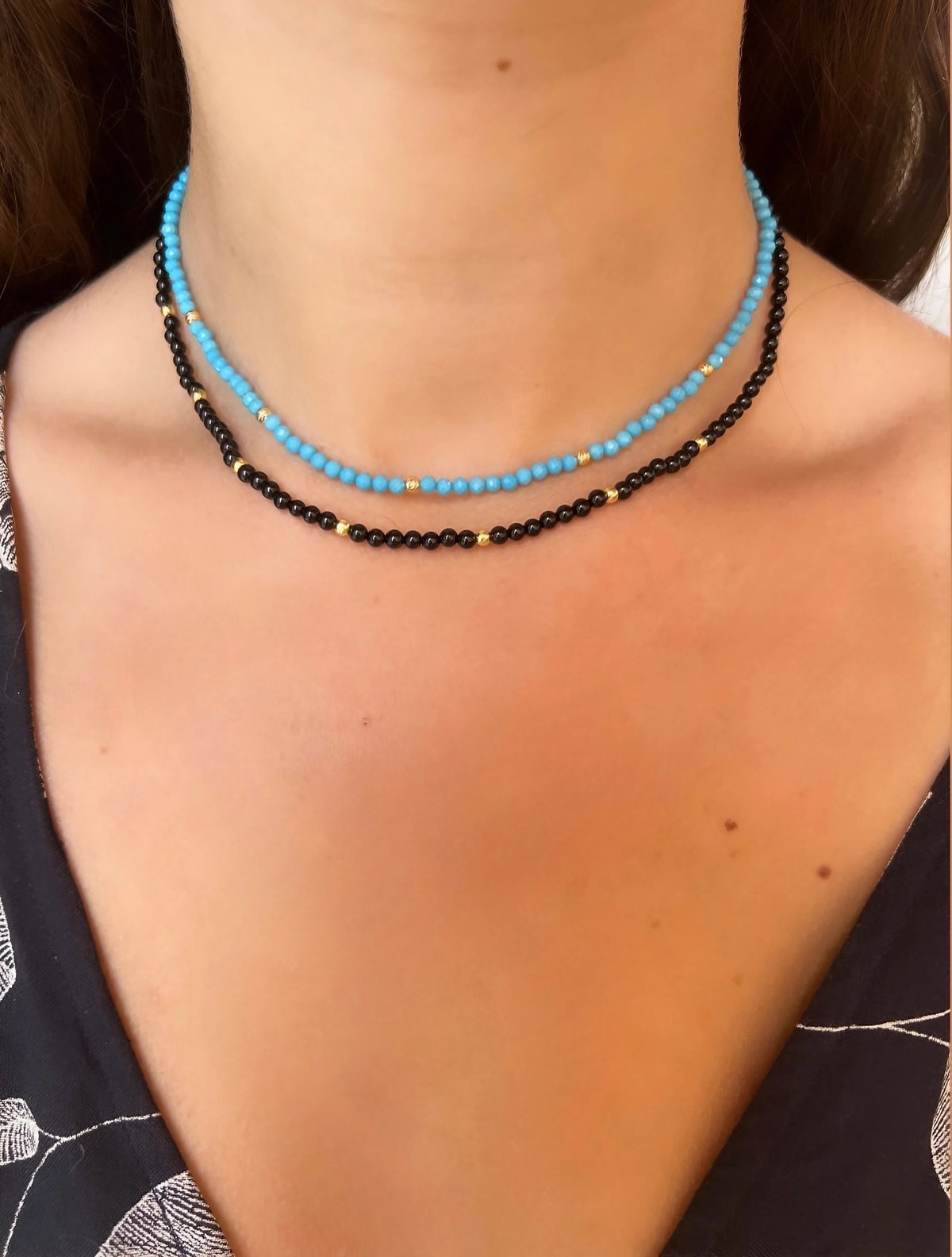 Faceted turquoise choker with 18K gold beads, for standalone wear or layering